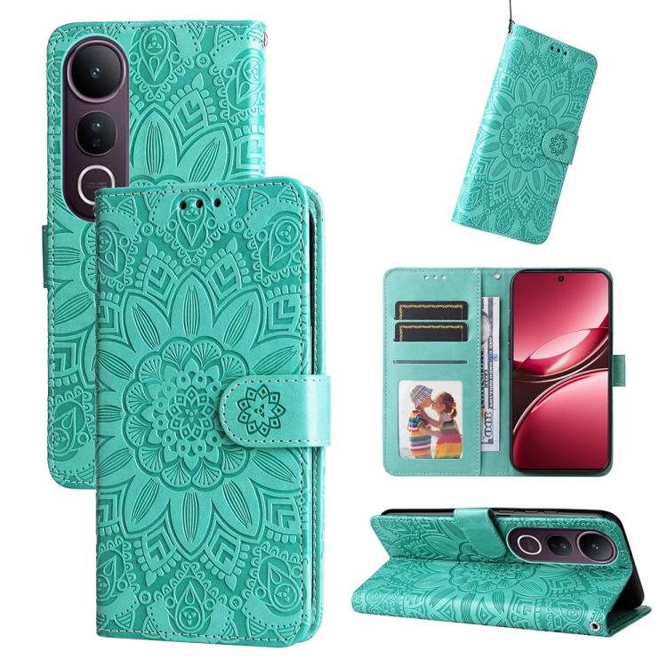 Peňaženkové puzdro Embossing Pattern Slnečnica zelené – Vivo V50 Lite | Kryty na mobil Kryty na mobil | Peňaženkové puzdro Embossing Pattern Slnečnica zelené – Vivo V50 Lite | Kryty na mobil