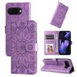 Kryty na mobil | Peňaženkové puzdro Embossing Pattern Slnečnica fialové – Google Pixel 9a | Kryty na mobil