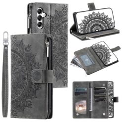 Peňaženkové puzdro Mandala zip case sivé – Samsung Galaxy A17 5G | Kryty na mobil Kryty na mobil | Peňaženkové puzdro Mandala zip case sivé – Samsung Galaxy A17 5G | Kryty na mobil