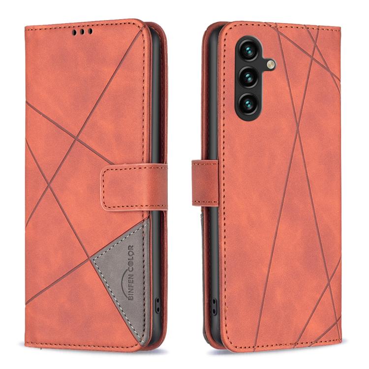 Knižkové puzdro Rhombus hnedé – Samsung Galaxy S25 FE | Kryty na mobil Kryty na mobil | Knižkové puzdro Rhombus hnedé – Samsung Galaxy S25 FE | Kryty na mobil
