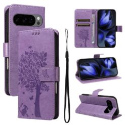 Kryty na mobil | Peňaženkové puzdro Embossing Pattern Strom a mačka fialové – Google Pixel 10 / Pixel 10 Pro | Kryty na mobil