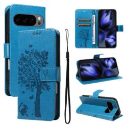 Kryty na mobil | Peňaženkové puzdro Embossing Pattern Strom a mačka modré – Google Pixel 10 / Pixel 10 Pro | Kryty na mobil