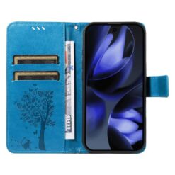 Kryty na mobil | Peňaženkové puzdro Embossing Pattern Strom a mačka modré – Google Pixel 10 / Pixel 10 Pro | Kryty na mobil