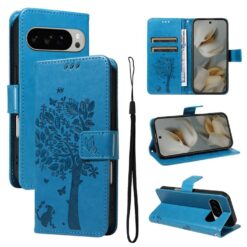 Kryty na mobil | Peňaženkové puzdro Embossing Pattern Strom a mačka modré – Google Pixel 10 Pro XL | Kryty na mobil