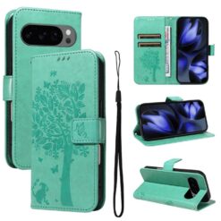 Kryty na mobil | Peňaženkové puzdro Embossing Pattern Strom a mačka zelené – Google Pixel 10 / Pixel 10 Pro | Kryty na mobil