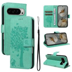 Kryty na mobil | Peňaženkové puzdro Embossing Pattern Strom a mačka zelené – Google Pixel 10 Pro XL | Kryty na mobil