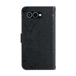 Kryty na mobil | Peňaženkové puzdro Embossing Pattern Motýľ a ruže čierne – T Phone 3 | Kryty na mobil