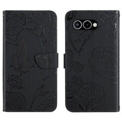 Kryty na mobil | Peňaženkové puzdro Embossing Pattern Motýľ a ruže čierne – T Phone 3 | Kryty na mobil