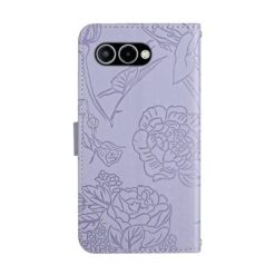 Kryty na mobil | Peňaženkové puzdro Embossing Pattern Motýľ a ruže fialové – T Phone 3 | Kryty na mobil