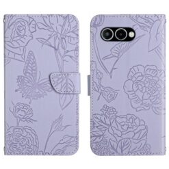 Kryty na mobil | Peňaženkové puzdro Embossing Pattern Motýľ a ruže fialové – T Phone 3 | Kryty na mobil