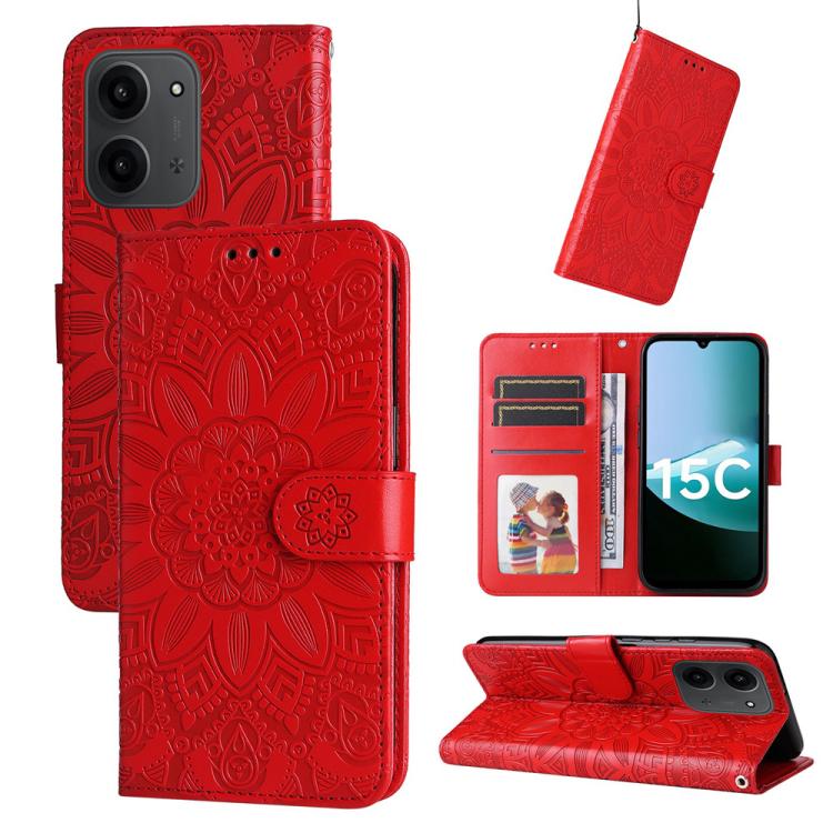 Peňaženkové puzdro Embossing Pattern Slnečnica červené – Xiaomi Poco C85 | Kryty na mobil Kryty na mobil | Peňaženkové puzdro Embossing Pattern Slnečnica červené – Xiaomi Poco C85 | Kryty na mobil