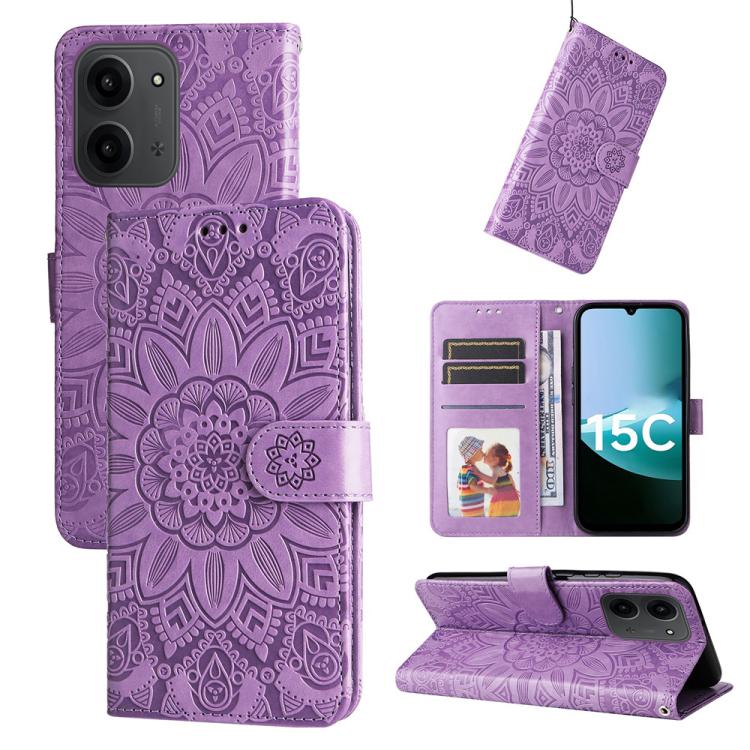 Peňaženkové puzdro Embossing Pattern Slnečnica fialové – Xiaomi Poco C85 | Kryty na mobil Kryty na mobil | Peňaženkové puzdro Embossing Pattern Slnečnica fialové – Xiaomi Poco C85 | Kryty na mobil