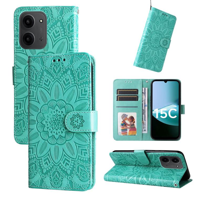 Peňaženkové puzdro Embossing Pattern Slnečnica zelené – Xiaomi Poco C85 | Kryty na mobil Kryty na mobil | Peňaženkové puzdro Embossing Pattern Slnečnica zelené – Xiaomi Poco C85 | Kryty na mobil