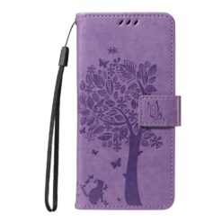 Peňaženkové puzdro Embossing Pattern Strom a mačka fialové – Samsung Galaxy S25 FE