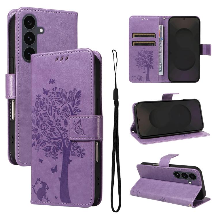 Peňaženkové puzdro Embossing Pattern Strom a mačka fialové – Samsung Galaxy S25 FE | Kryty na mobil Kryty na mobil | Peňaženkové puzdro Embossing Pattern Strom a mačka fialové – Samsung Galaxy S25 FE | Kryty na mobil