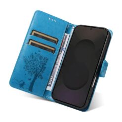 Kryty na mobil | Peňaženkové puzdro Embossing Pattern Strom a mačka modré – Samsung Galaxy S25 FE | Kryty na mobil