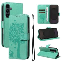 Kryty na mobil | Peňaženkové puzdro Embossing Pattern Strom a mačka zelené – Samsung Galaxy S25 FE | Kryty na mobil