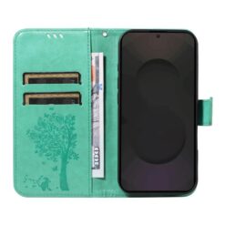 Kryty na mobil | Peňaženkové puzdro Embossing Pattern Strom a mačka zelené – Samsung Galaxy S25 FE | Kryty na mobil