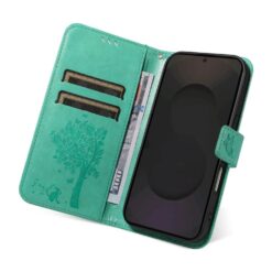 Kryty na mobil | Peňaženkové puzdro Embossing Pattern Strom a mačka zelené – Samsung Galaxy S25 FE | Kryty na mobil