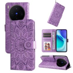 Peňaženkové puzdro Embossing Pattern Slnečnica fialové – Vivo X300 | Kryty na mobil Kryty na mobil | Peňaženkové puzdro Embossing Pattern Slnečnica fialové – Vivo X300 | Kryty na mobil