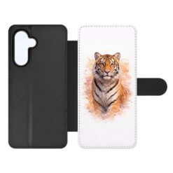 Phone wallet case with tiger illustration on white panel and black back cover, side flip strap closed for credit-card style storage (product image)