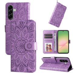 Kryty na mobil | Peňaženkové puzdro Embossing Pattern Slnečnica fialové – Samsung Galaxy A57 | Kryty na mobil
